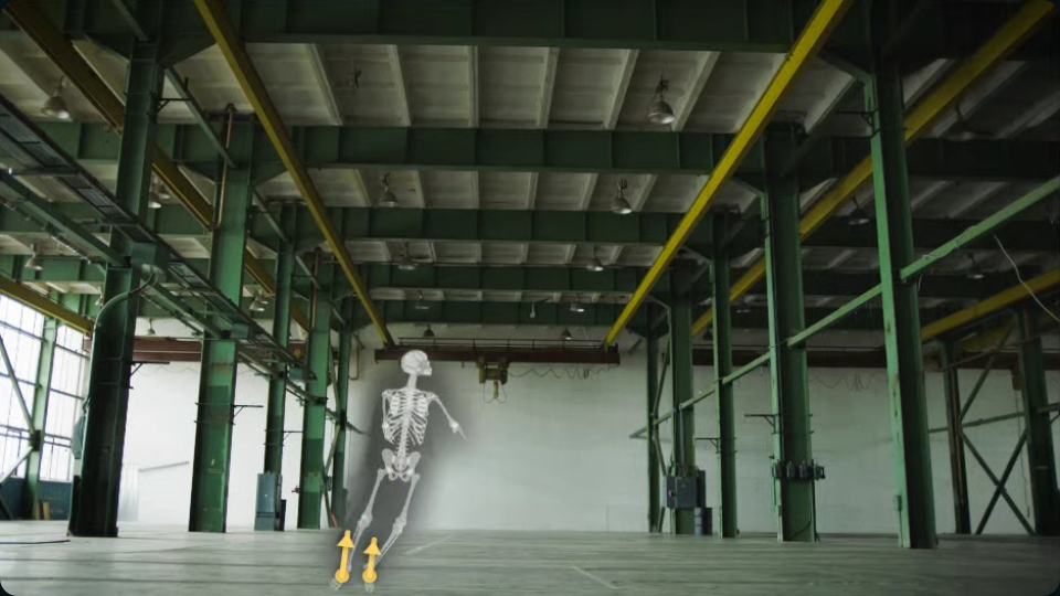 Real Movision Labs still showing fitted skeleton and force overlay during movement analysis